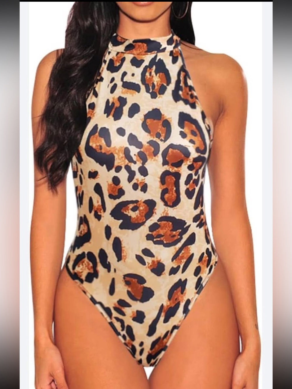 High-Neck Leopard Print bodysuit in Beige and Brown